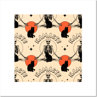 Yoga Namaste Black Cat Pattern in beige Posters and Art